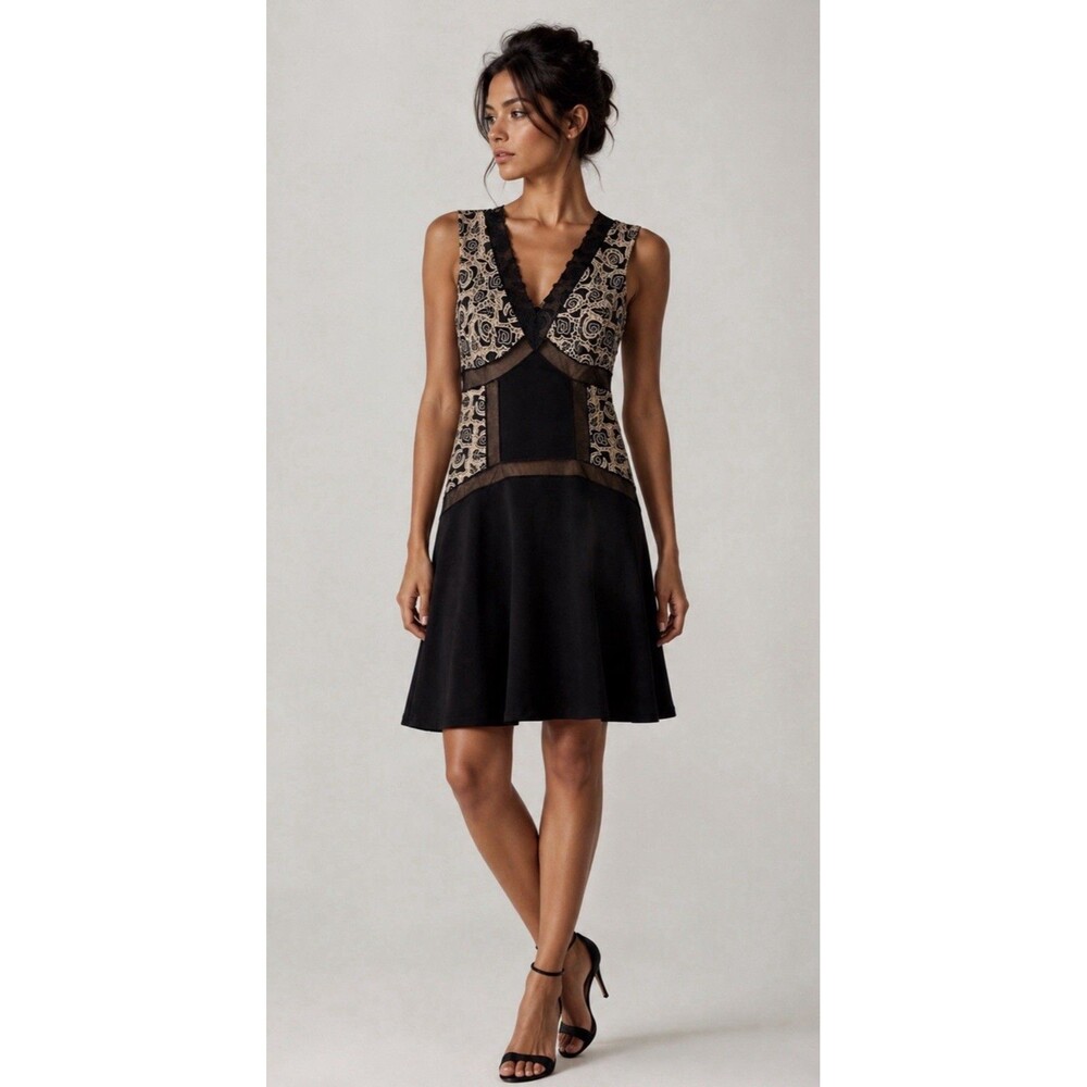 Tracy Reese Black Beige Lace Mesh Fit & Flare Cocktail Dress Womens Size 8